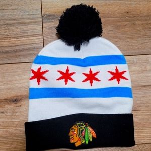 Chicago Blackhawks NHL AT&T Beanie Pom Hat Winter Cap Fan Gear Black Red